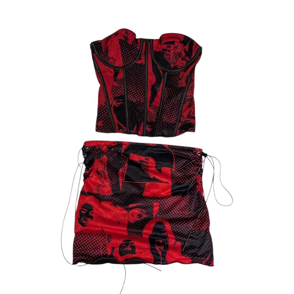 Edikted Red Patterned Matching Set Skirt Corset Top Rockstar Girlfriend Size S